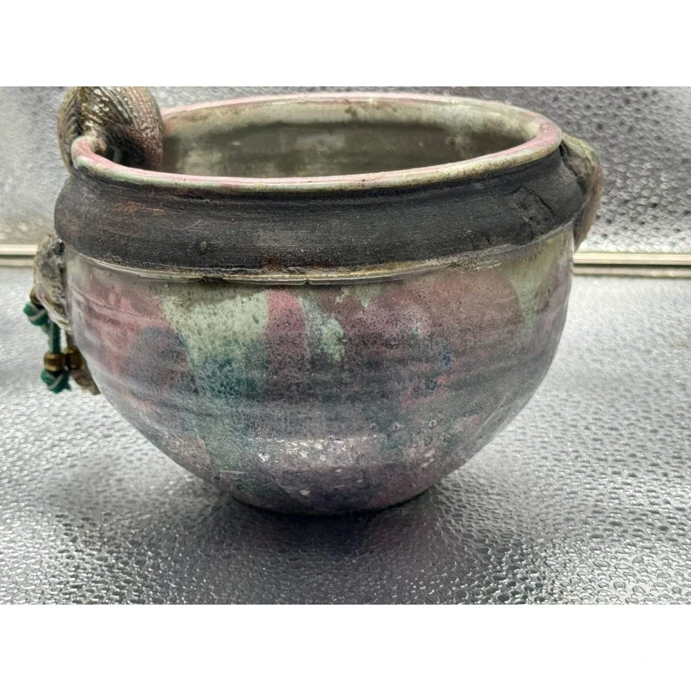 Signed Studio Pottery Bowl‎ Small Pink Purple Iridescent Shell Accents Boho